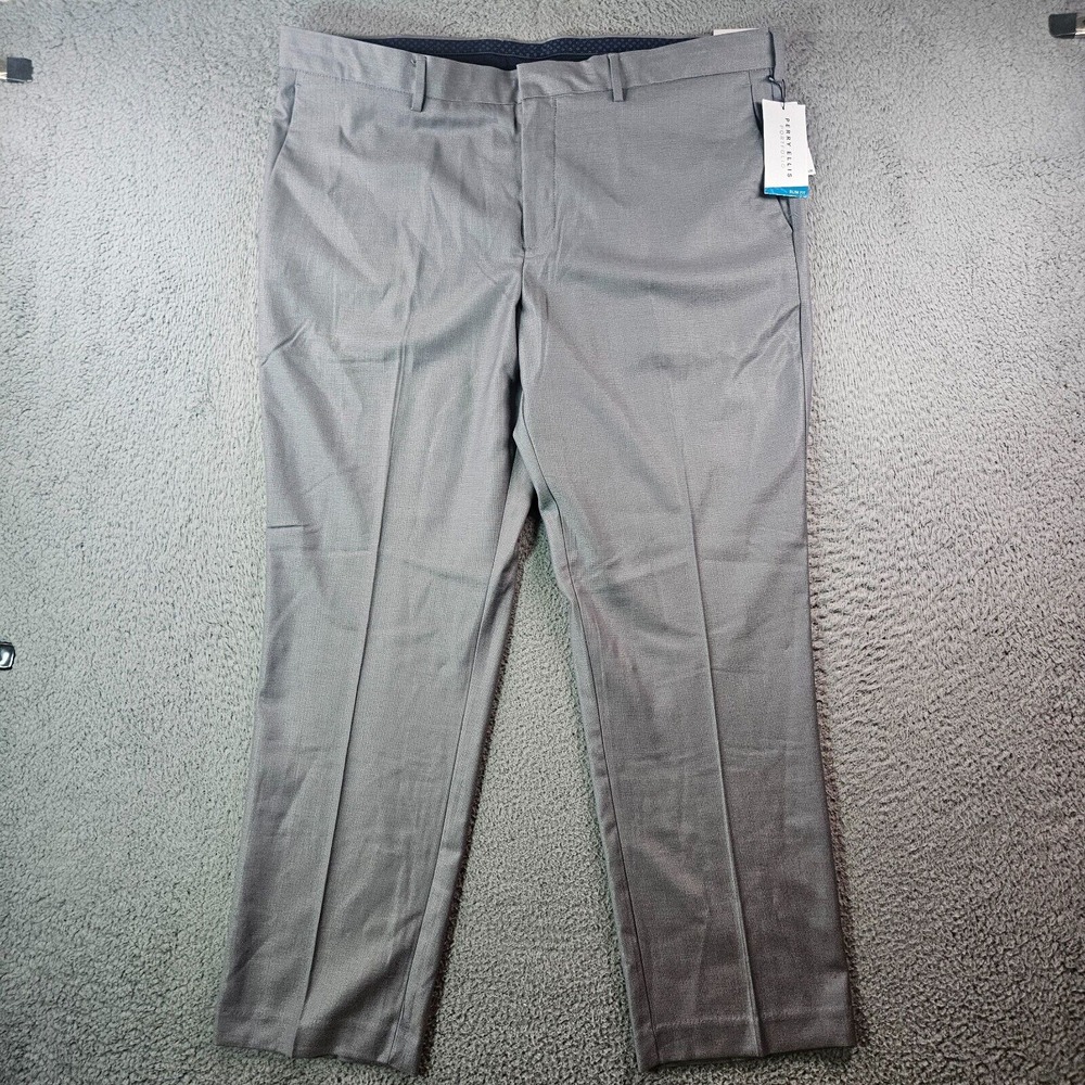 $95 NWT Perry Ellis Dress Pants Men 40‎ x 30 Slim Fit Flat Front Textured Gray